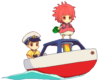 ponyo and sosuke riding on a boat